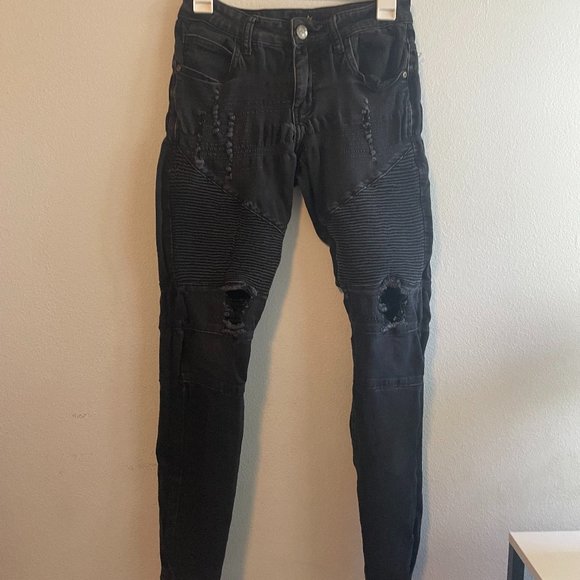 Distressed Black Biker Jeans - Picture 1 of 2